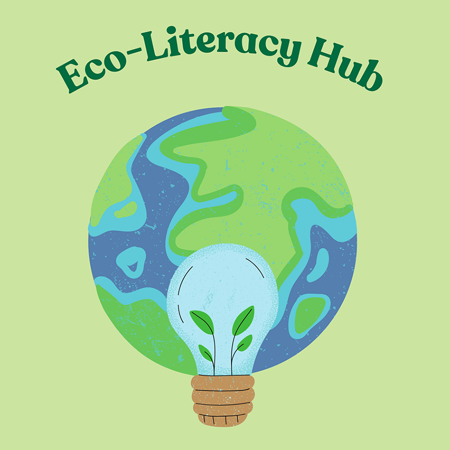 Illustration of planet Earth with a light bulb in the foreground with sprouts as the filaments. Words "Eco-Literacy Hub" arcing at top of image.